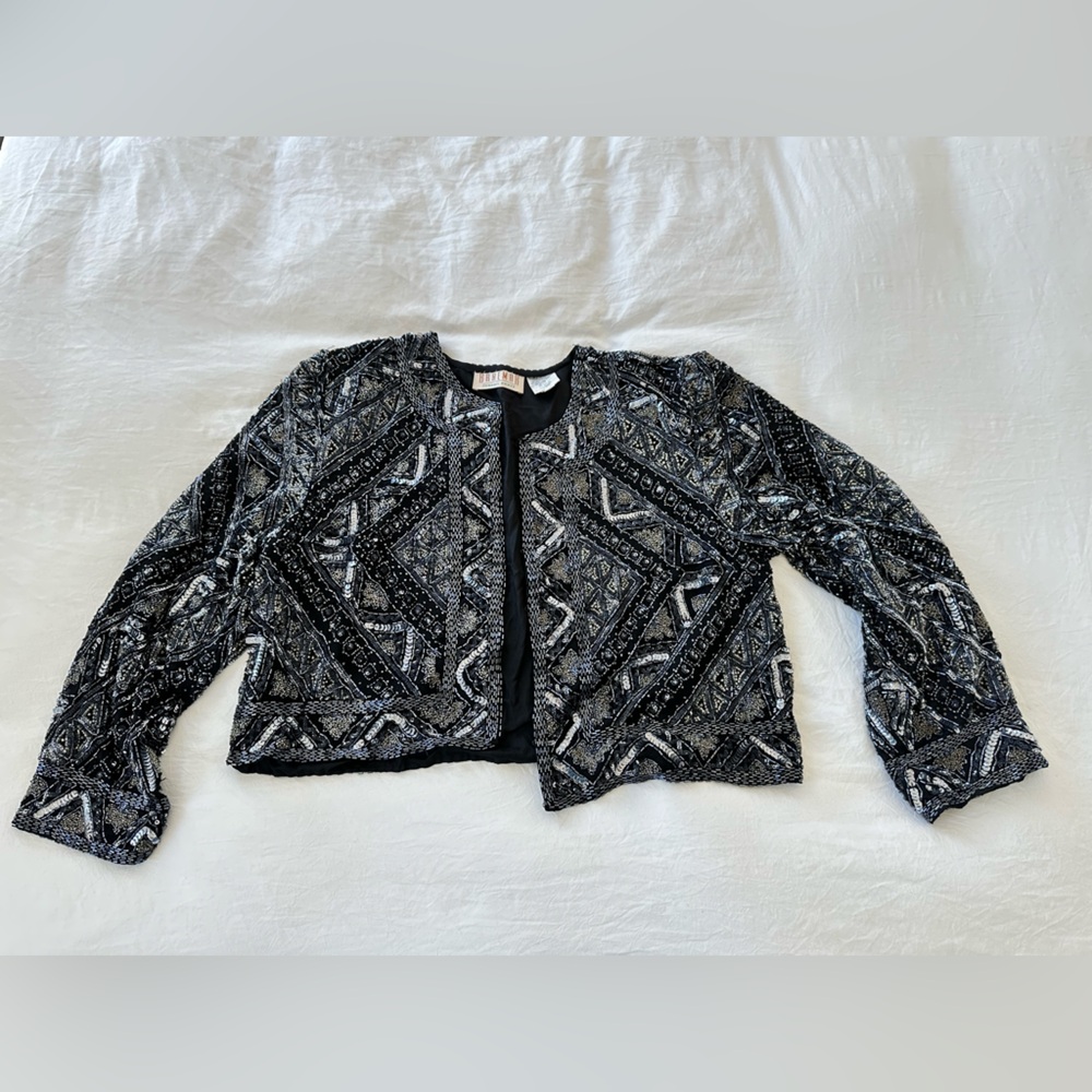 Designer Jeremy Scott Sequin Beaded Pure Silk Patterned Short Jacket
